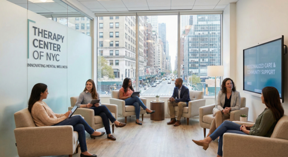 Diverse group discussion in the modern, sunlit offices of the Therapy Center of NYC.